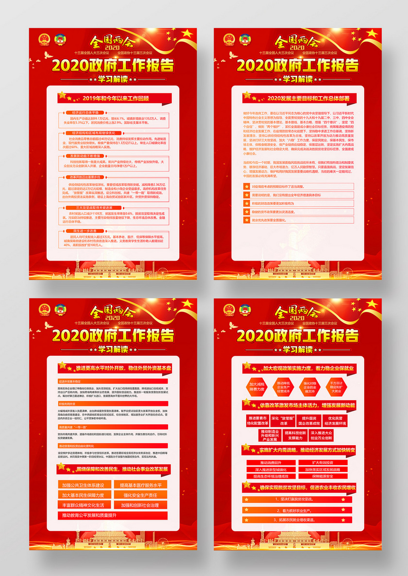 红色党建党政党课2020年全国两会政府工作报告学习解读海报