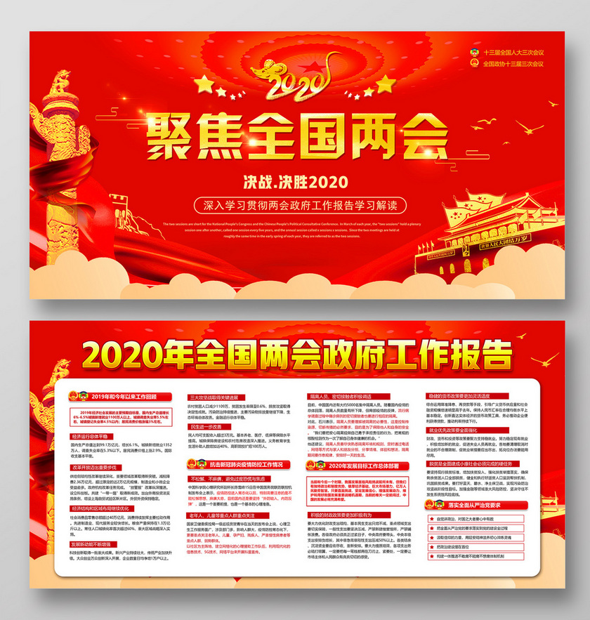 红色党建党政党课聚焦2020全国两会政府工作报告展板
