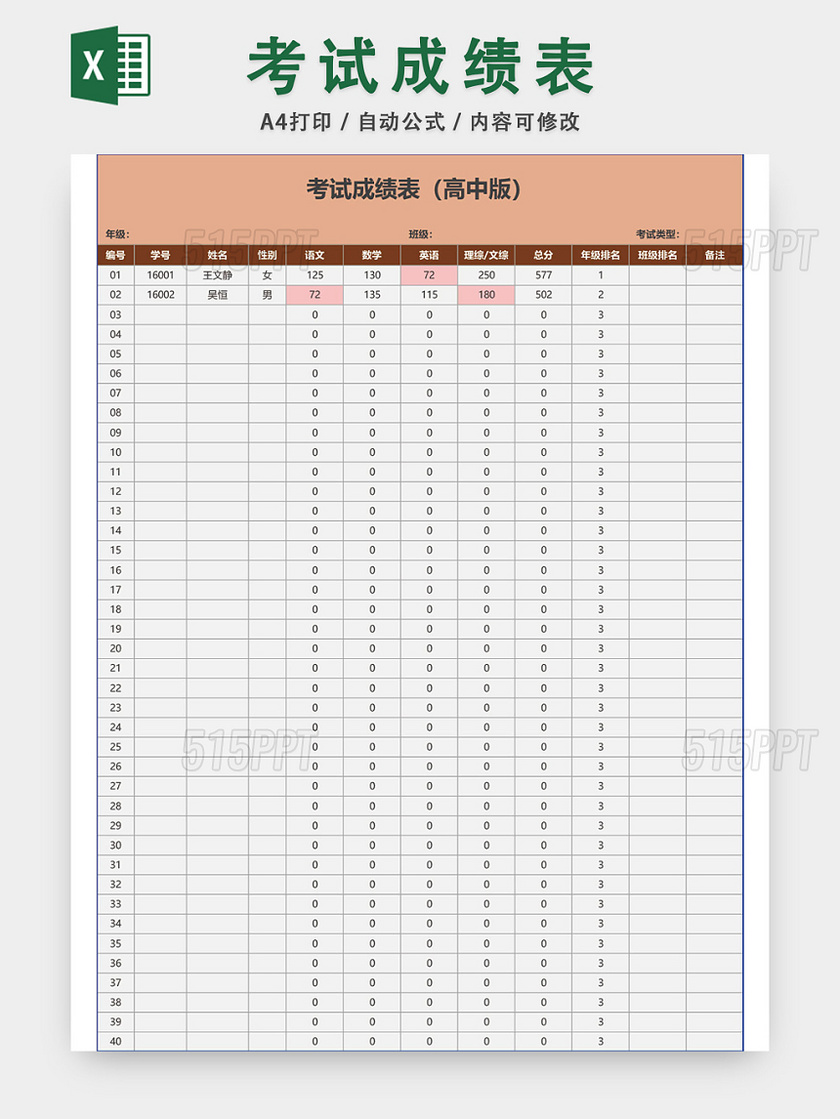 高中学生考试成绩表模板excel表 515ppt