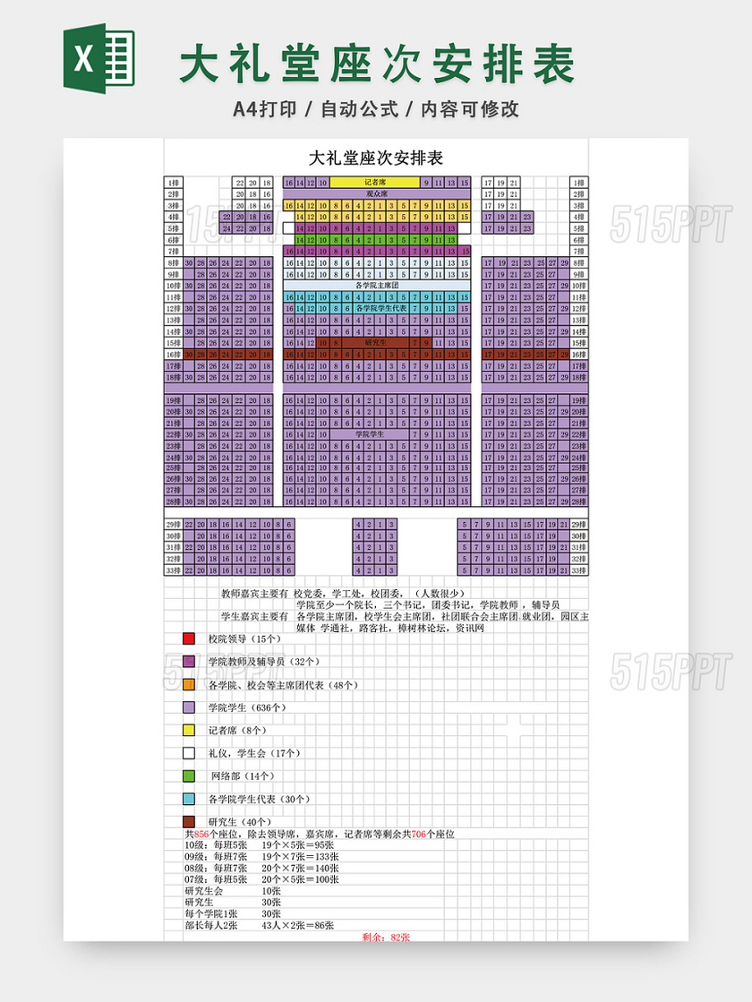 大礼堂座次安排表座位表模板excel表 515ppt
