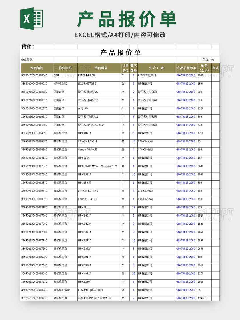 詳盡的產品報價單excel模板