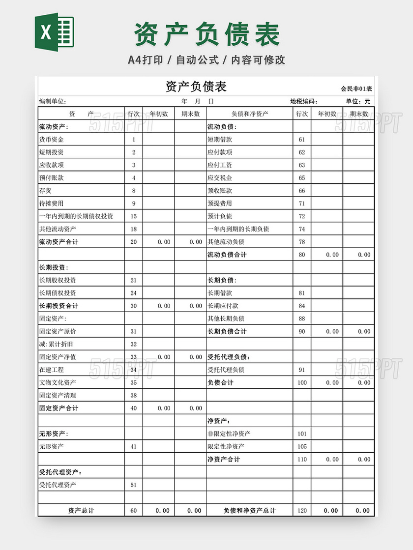 民间非营利组织会计报表excel模板 515ppt