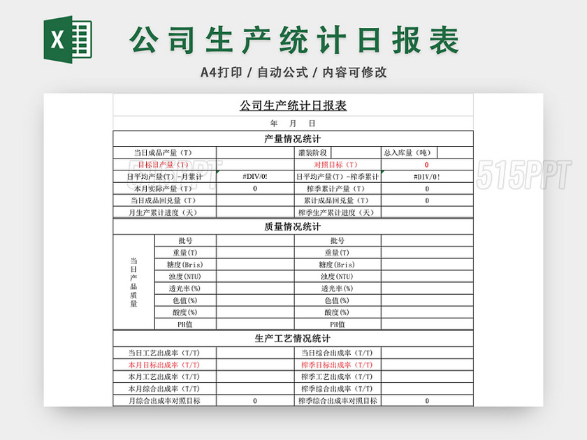 公司生产统计日报表excel模板 515ppt