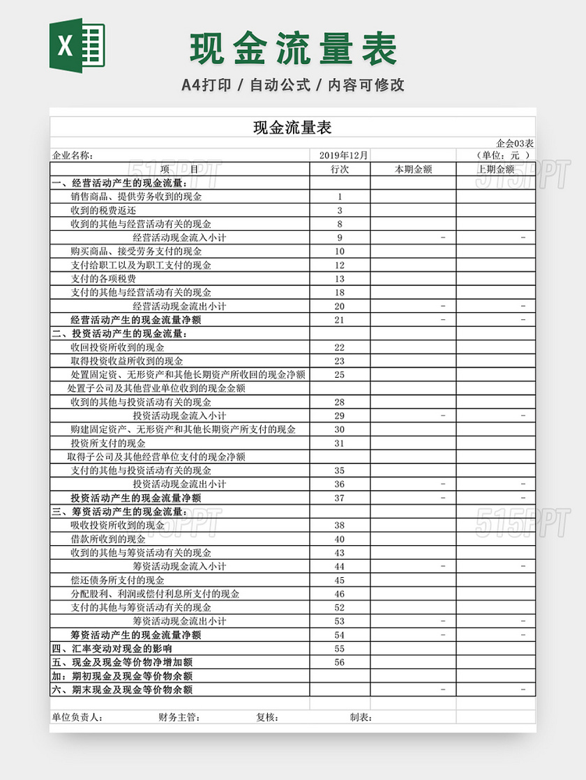 会计报表现金流量表excel模板 515ppt