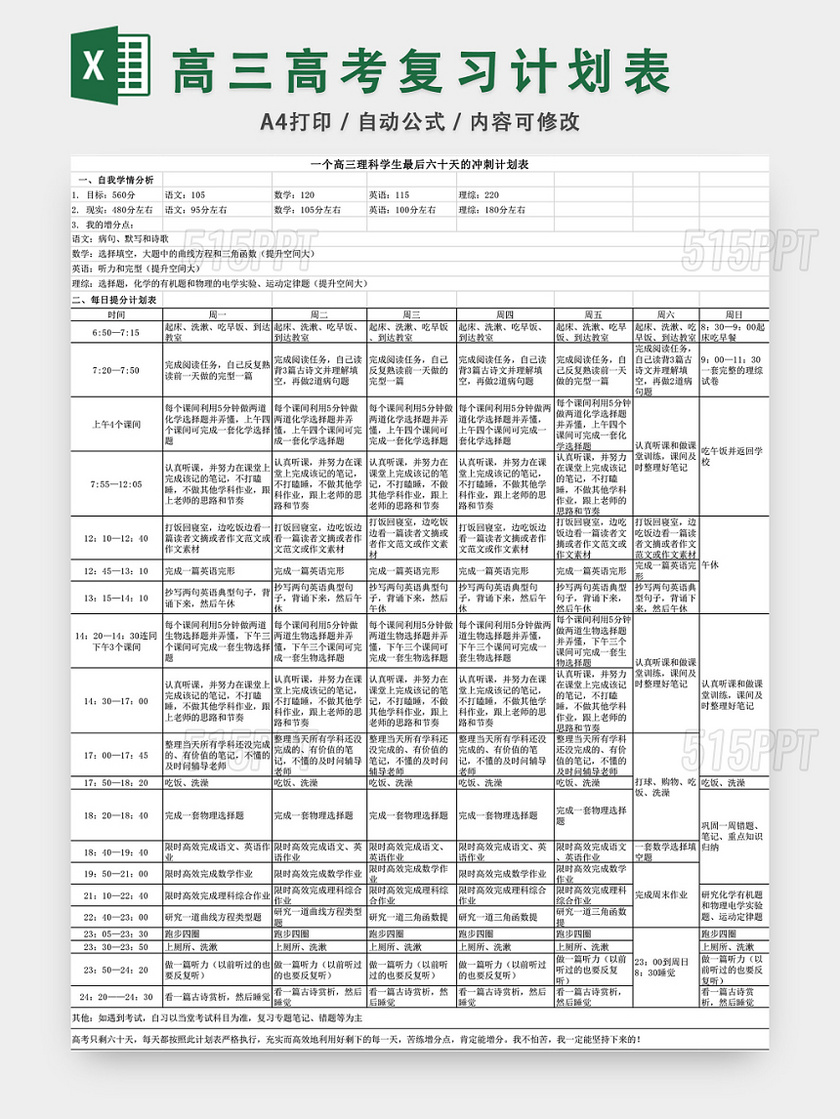 高三理科生的高考复习计划表excel模板 515ppt