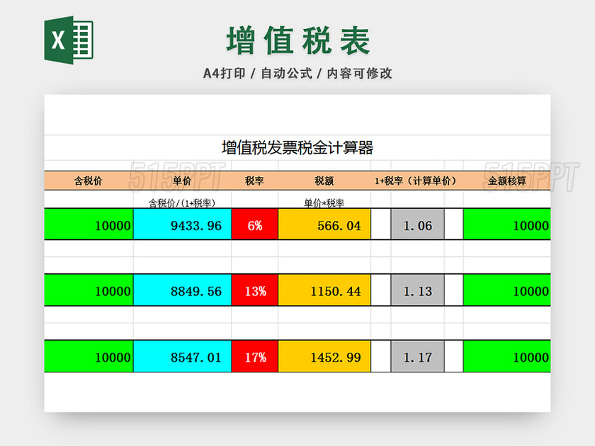 增值税发票税金计算表 515ppt