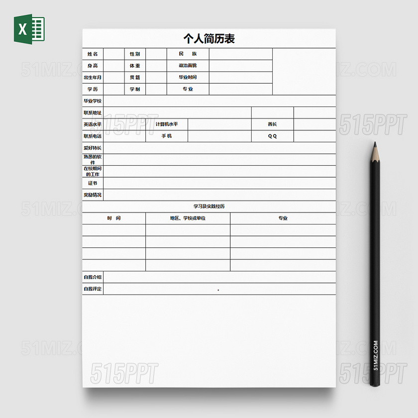 空白簡潔個人簡歷表excel模板下載,該ppt編號為10040650,格式為docx